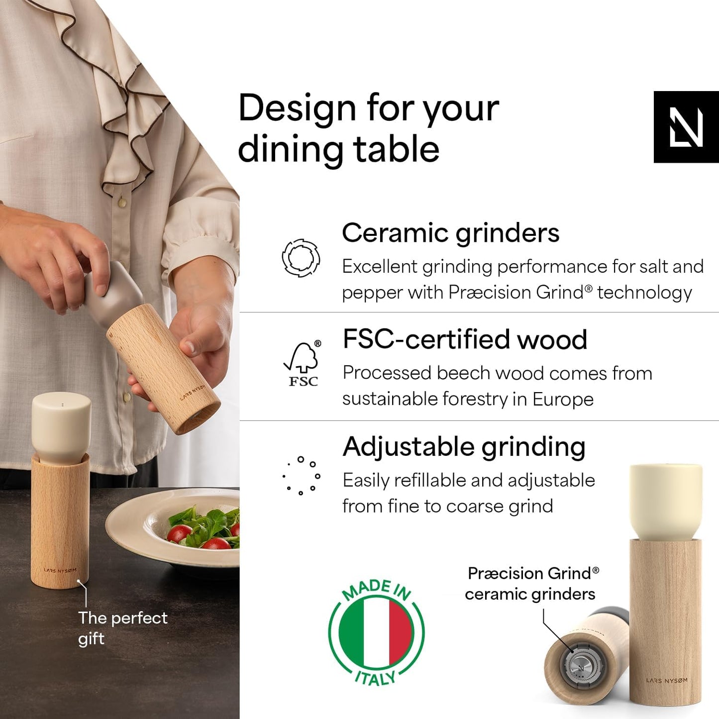 LARS NYSØM Wooden Salt and Pepper Grinder Set Manual with Tray - Salt and Pepper Mills with Adjustable Ceramic Grinder - Elegant Beechwood Pepper and Salt Mill Set for Dining Table (Black/Beige)