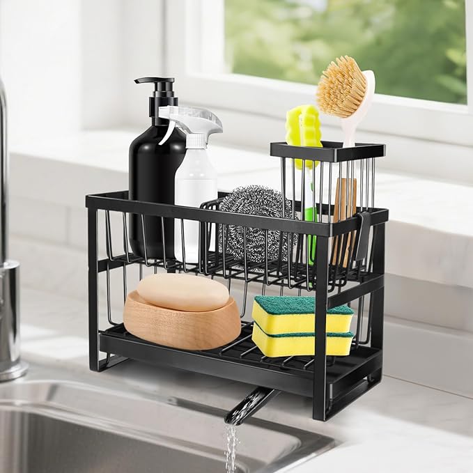 2-Tier Sponge Holder for Kitchen Sink,Self Drain Sink Caddy with Brush Holder, Countertop Accessory for Sponges, Brushes and Dish Rags,Kitchen Countertop Organizers and Storage Essentials