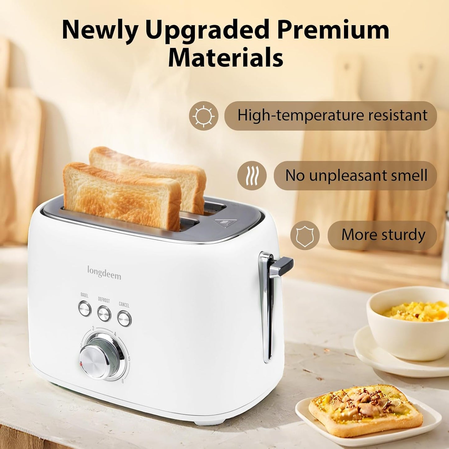 2-Slice Toaster 1.5" Extra Wide Slot Stainless Steel with High Lift Lever, 6 Presets & Bagel/Defrost/Cancel Function, Removal Crumb Tray, Under Base Cord Storage, White