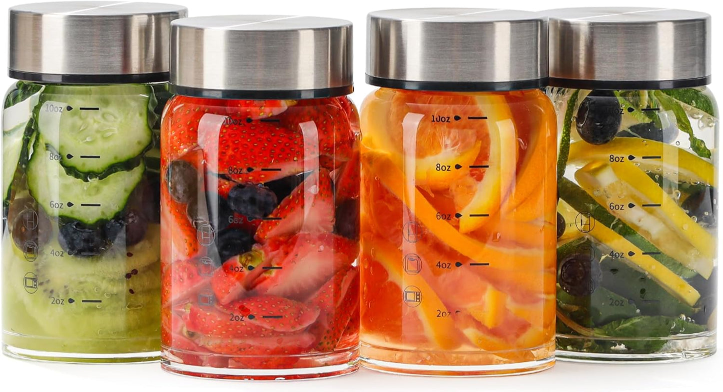 10oz Glass Juice Bottles – 4 Pack Reusable Wide Mouth Bottles with Stainless Steel Lids & Cleaning Brush, BPA-Free Water Bottles for Juicing, Smoothies, Milk, and Protein (300ml)