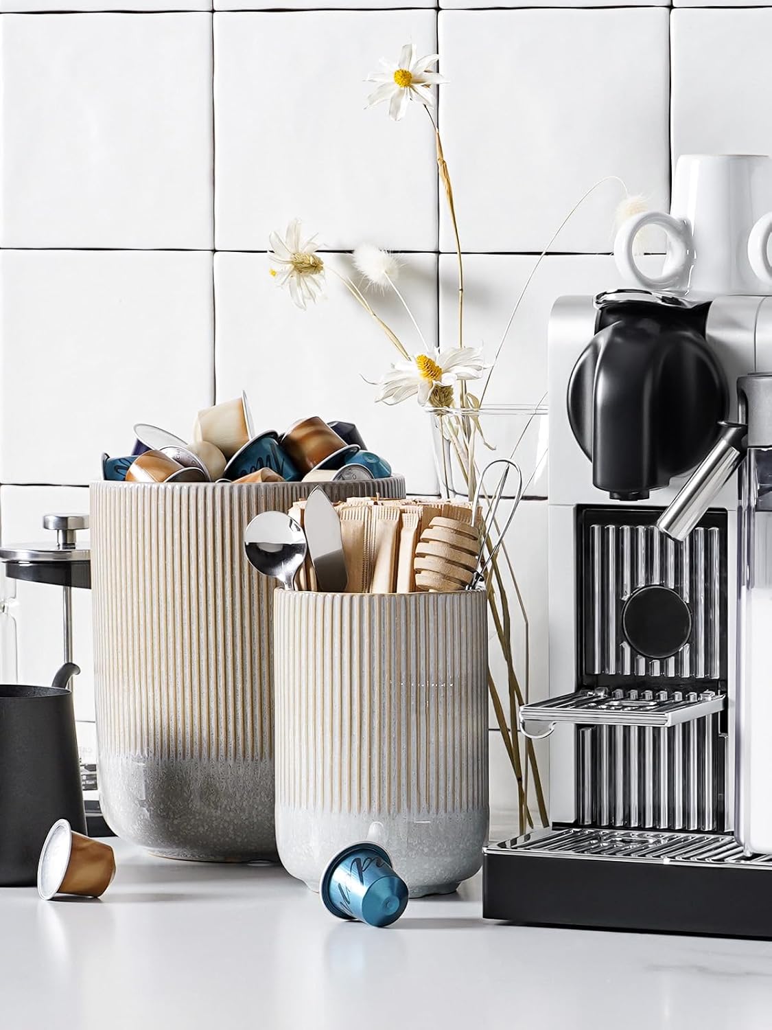 LE TAUCI Utensil Holder, 7.3"+5.4" Ceramic Kitchen Utensil Holder for Countertop, Large Cooking Utensil Crocks for Kitchen Counter, Morden Utensil Organizer for Spatula, Set of 2, Glaze Marble Gray