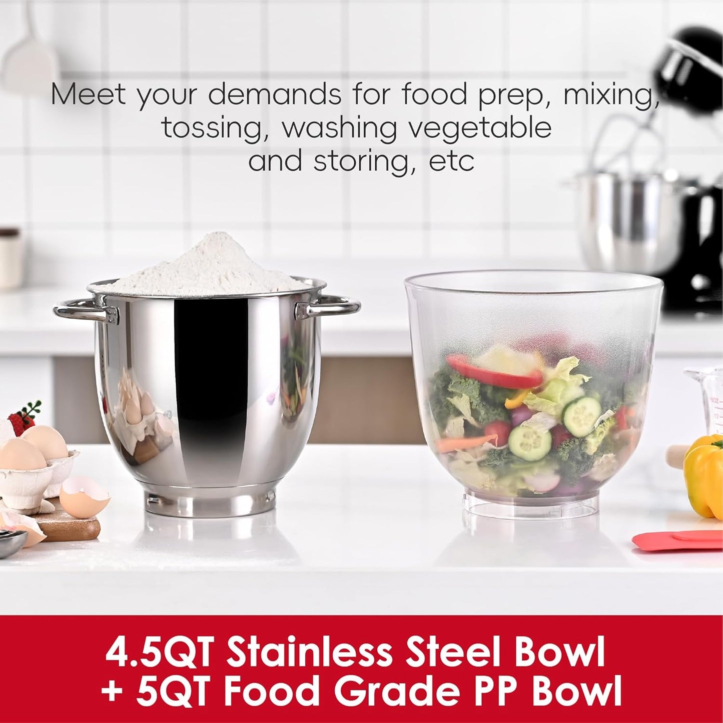 Kitchen in the box Stand Mixer, 5QT + 4.5QT Two bowls Electric Food Mixer, 10 Speeds Kitchen Mixer for Daily Use with Egg Whisk,Dough Hook,Flat Beater (Gradient Red, 5QT)