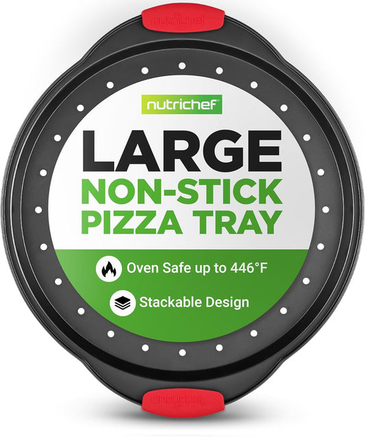 NutriChef 13-Inch Nonstick Pizza Tray - Round Carbon Steel Non-Stick Pizza Baking Pan with Perforated Holes, Premium Bakeware Pizza Screen with Silicone Grip Handles, Dishwasher Safe - NCBPIZ1