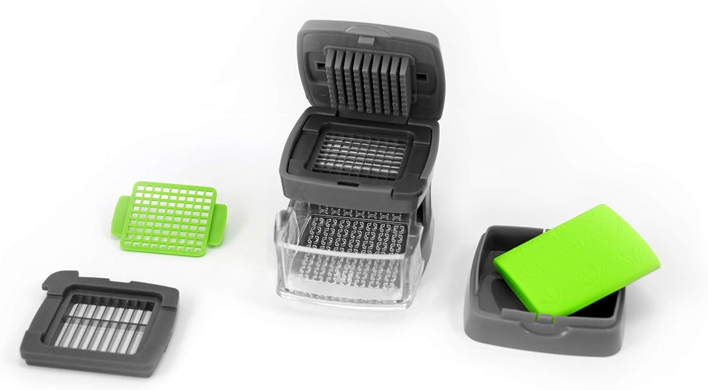 Garlic-A-Peel Garlic Press, Crusher, Cutter, Mincer, and Storage Container - Includes Silicone Garlic Peeler - Easy to Clean - Stainless Steel Blades – (Grey), standard