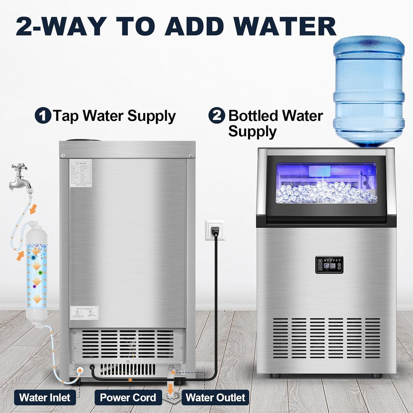 Commercial Ice Maker Machine, 160 lbs/24H with 50 lbs Storage Bin, Dual Water Inlet Options, Under Counter Freestanding Ice Maker for Home, Bar, Support 5-Gallon Bottle Water & Tap Water