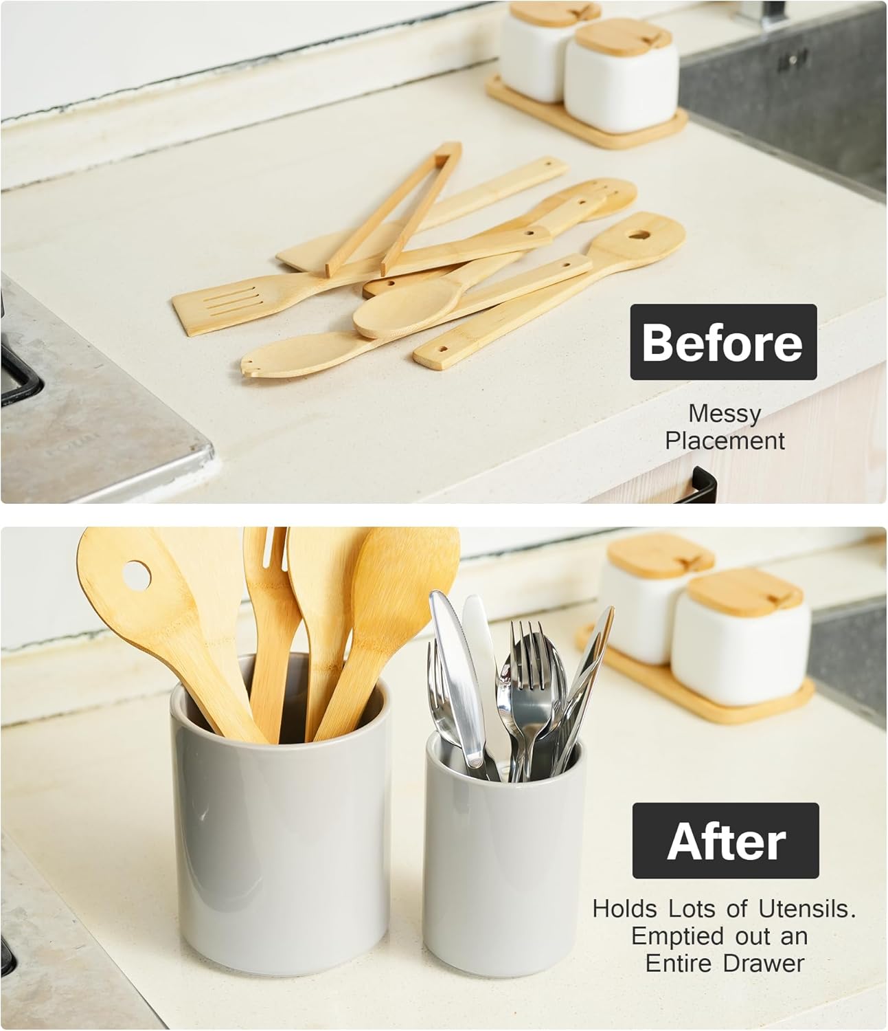 Set of 2 Utensil Holder, 7"+5" Ceramic Kitchen Utensil Holder for Countertop, Large Cooking Utensil Crocks for Counter, Morden Utensil Organizer for Spatula, Kitchen Decor (Grey)