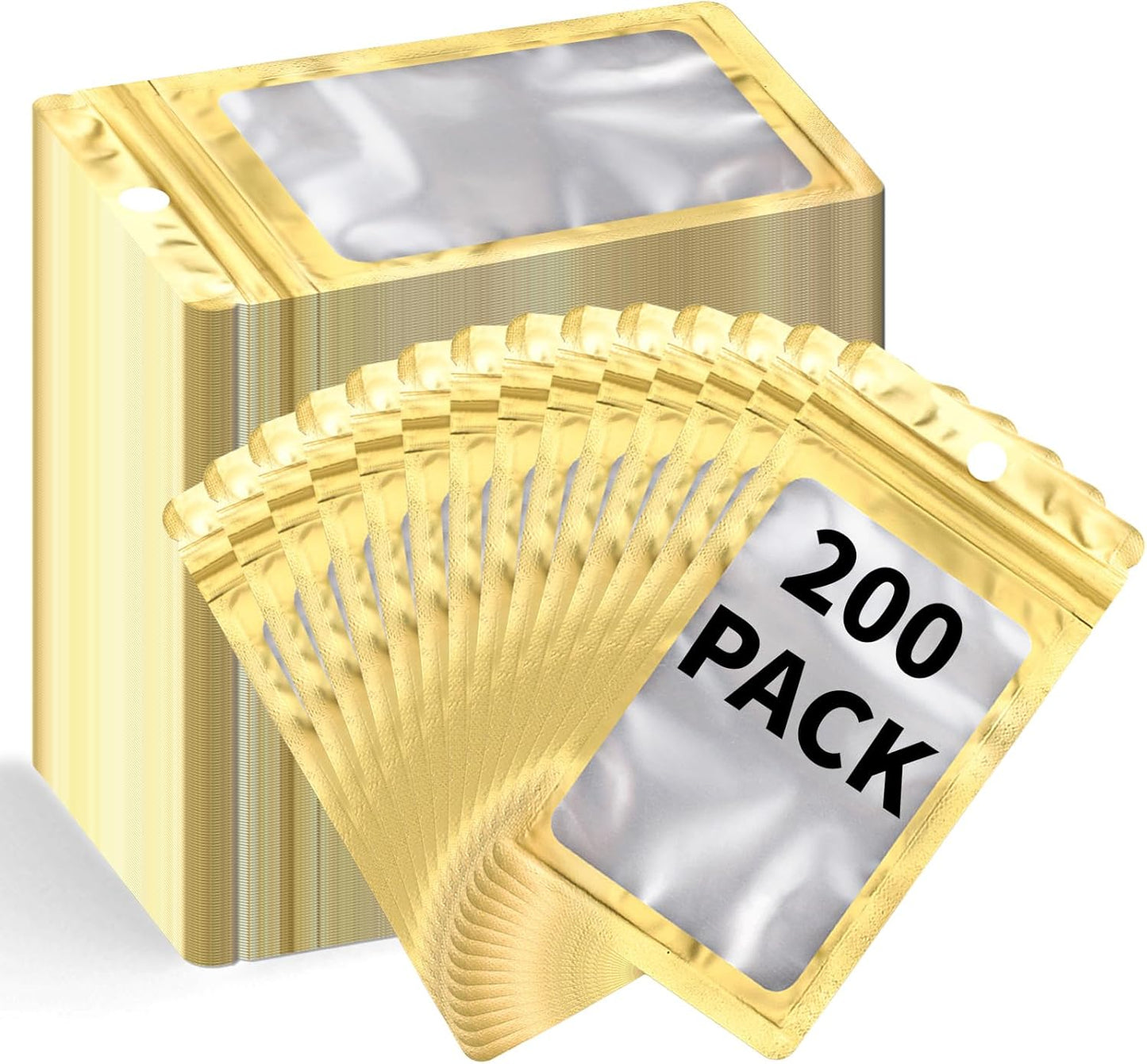 200 Pack Resealable Mylar Holographic Bags Food Storage Smell Proof Bags with Front Window Foil Packaging Pouch for Candy Sample Jewelry Small Business 3.54×6.29 Inch, Gold