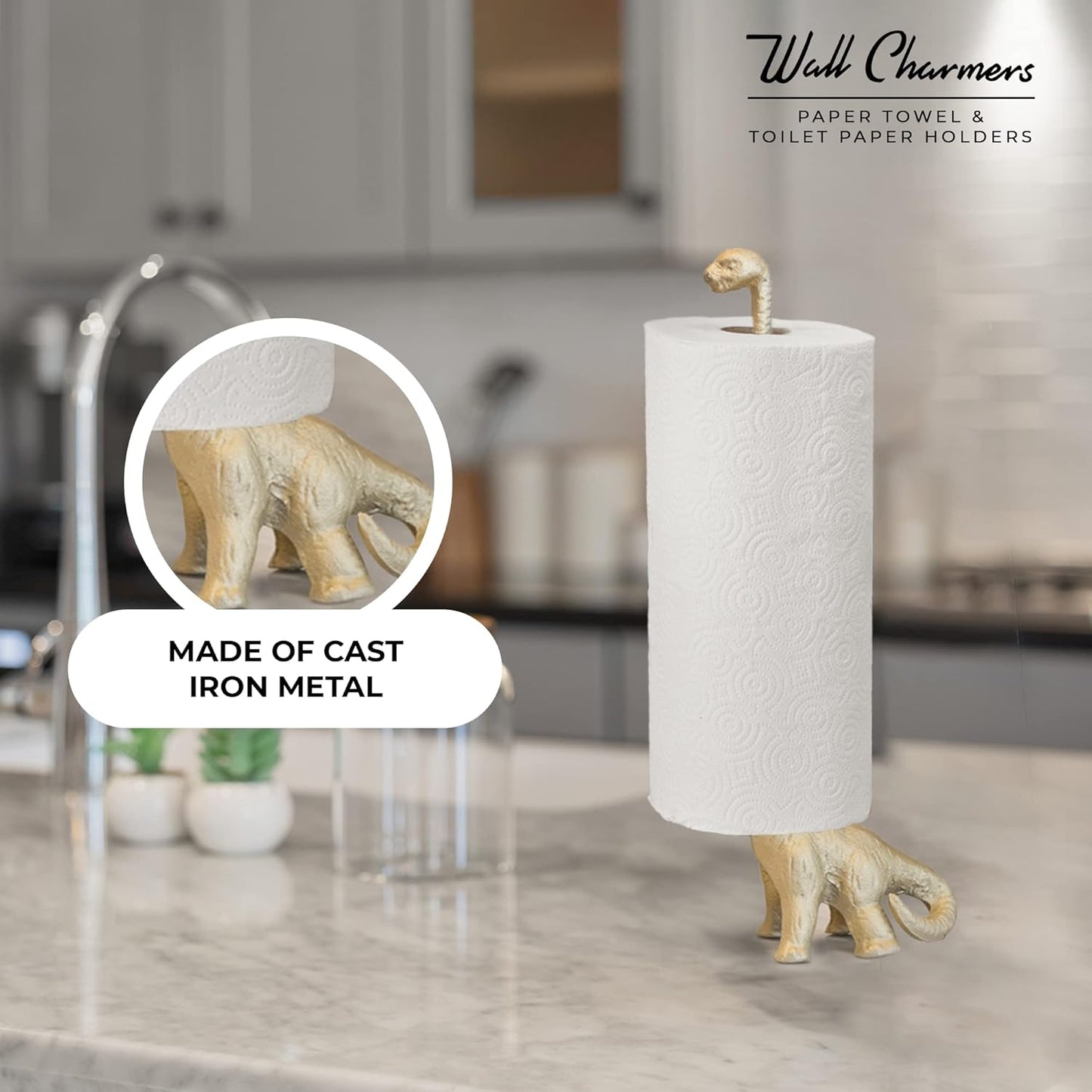 WallCharmers Gold Paper Towel Holder, Metal Toilet or Kitchen Paper Holder for Floor or Countertop, Gold Dino
