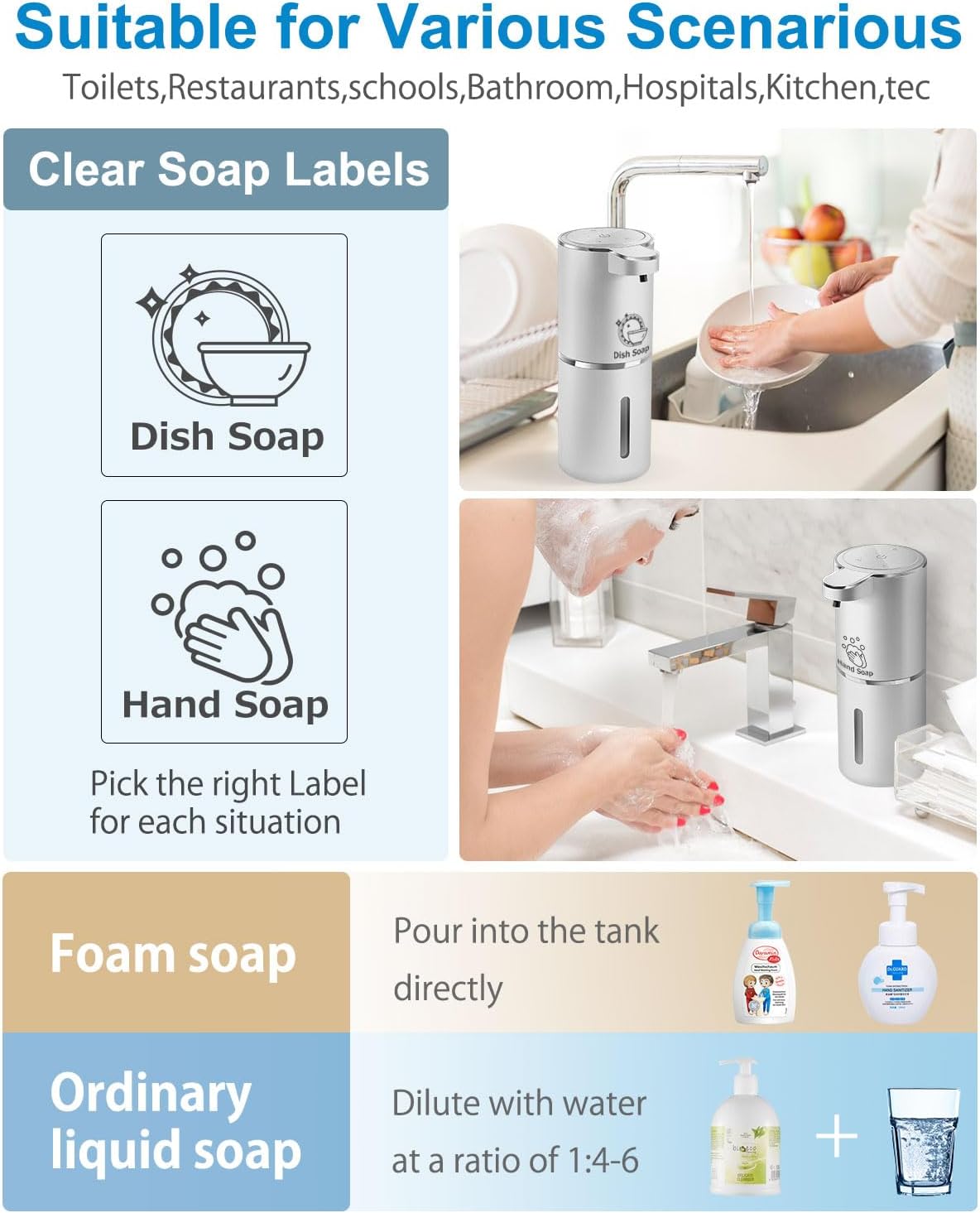 Automatic Foaming Soap Dispenser,4-Level Adjustable Foam, Wall Mount, USB Rechargeable,12.8oz/ 380ml,Touchless Hand & Dish Soap Dispenser for Bathroom, Kitchen,Hotel, Restaurant