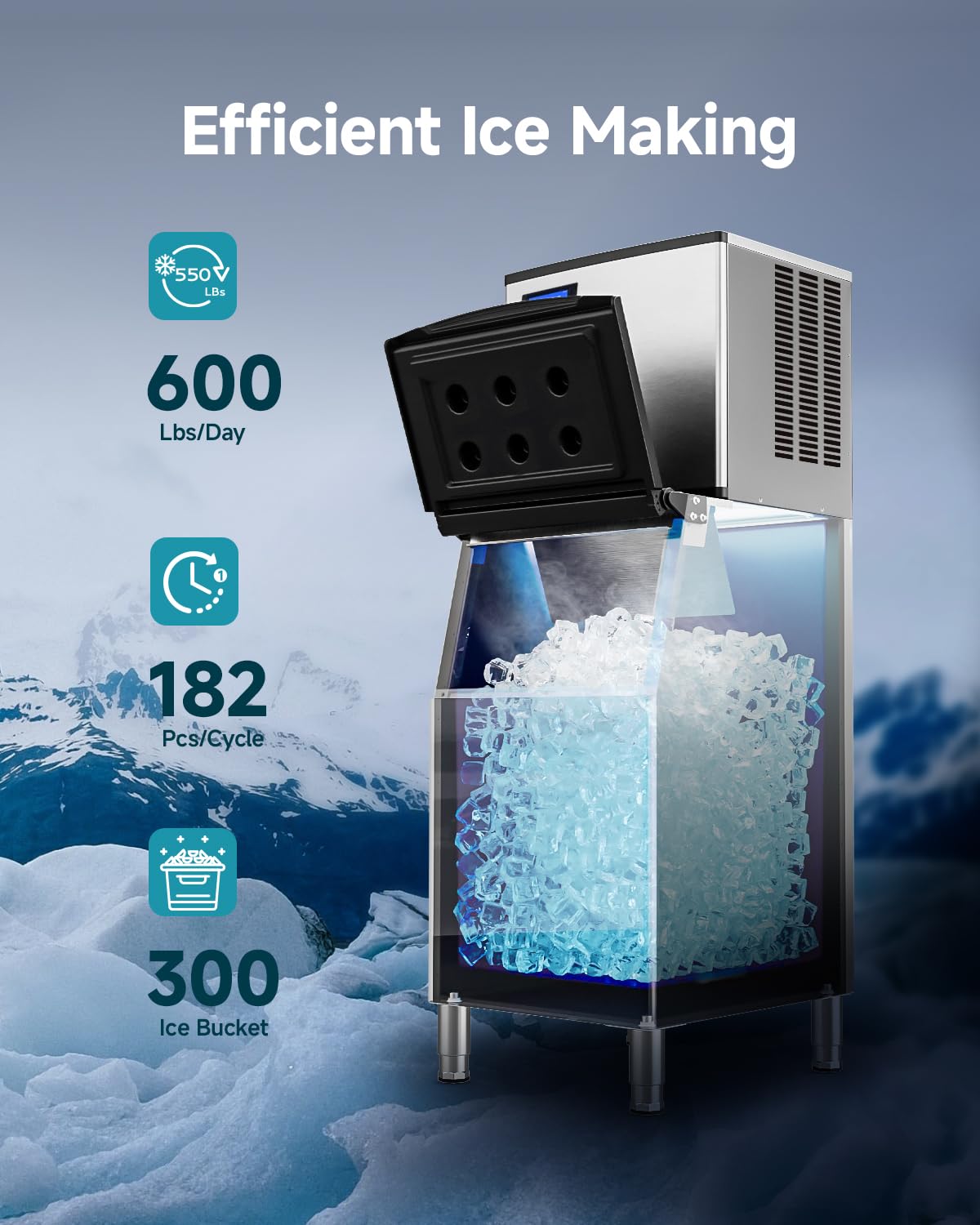 EUHOMY Commercial Ice Maker Machine,600lbs/24H,Industrial Ice Machine with 300lbs Storage Bin,Ice Ready in 10-15 Mins,SECOP Compressor&ETL,Stainless Steel Ice Maker for Bar/Cafe/Restaurant/Business