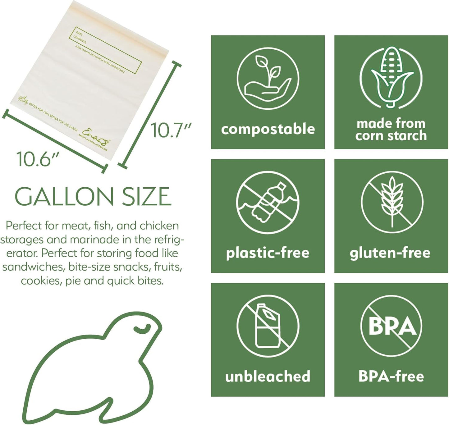 100% Compostable Food Storage Bags [Gallon 50 Pack] Eco-Friendly Freezer Bags, Resealable Bags, Heavy-Duty, Reusable, Off-White by Earth's Natural Alternative