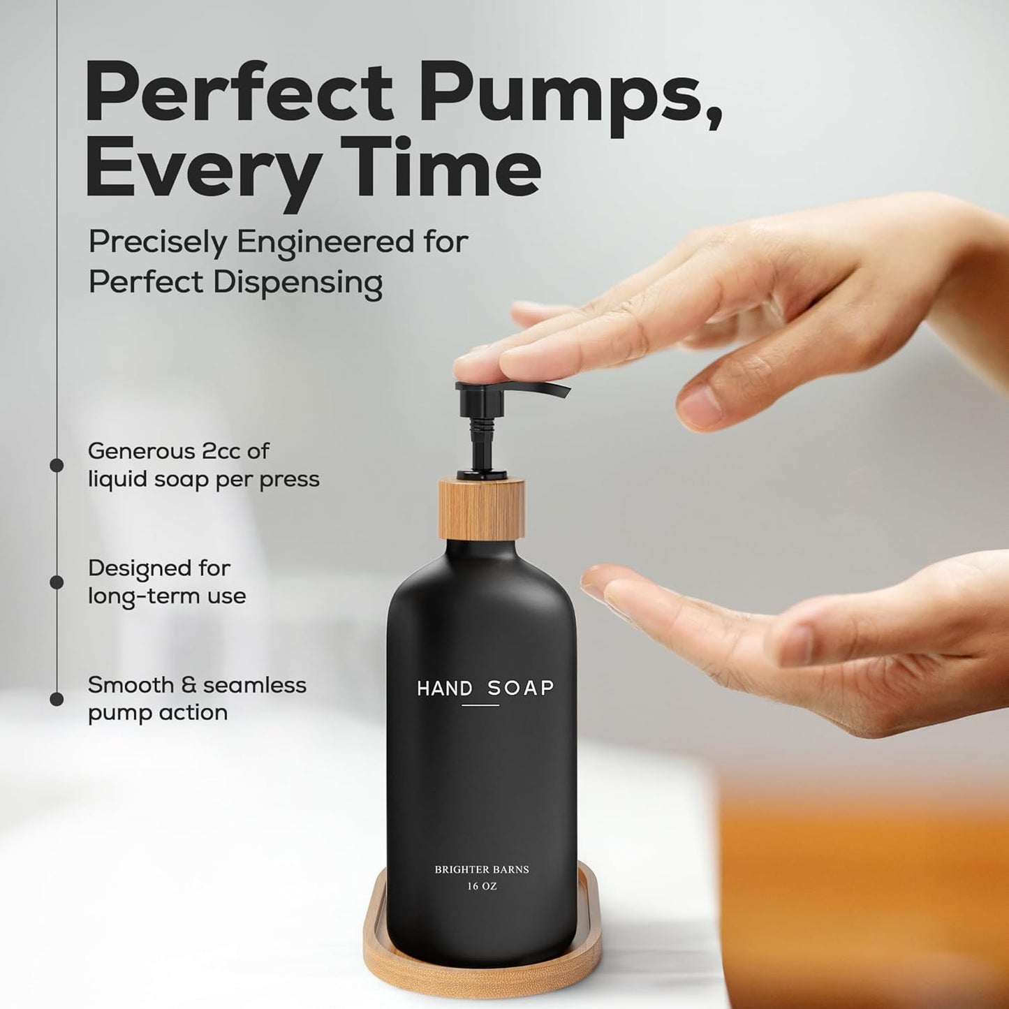 Black Glass Hand and Dish Soap Dispenser Set by Brighter Barns - Kitchen Soap Dispenser Set with Tray - Bamboo Pump Bottles for Kitchen Sink - Boho Modern Home Decor, Neutral Home Accessories (Black)