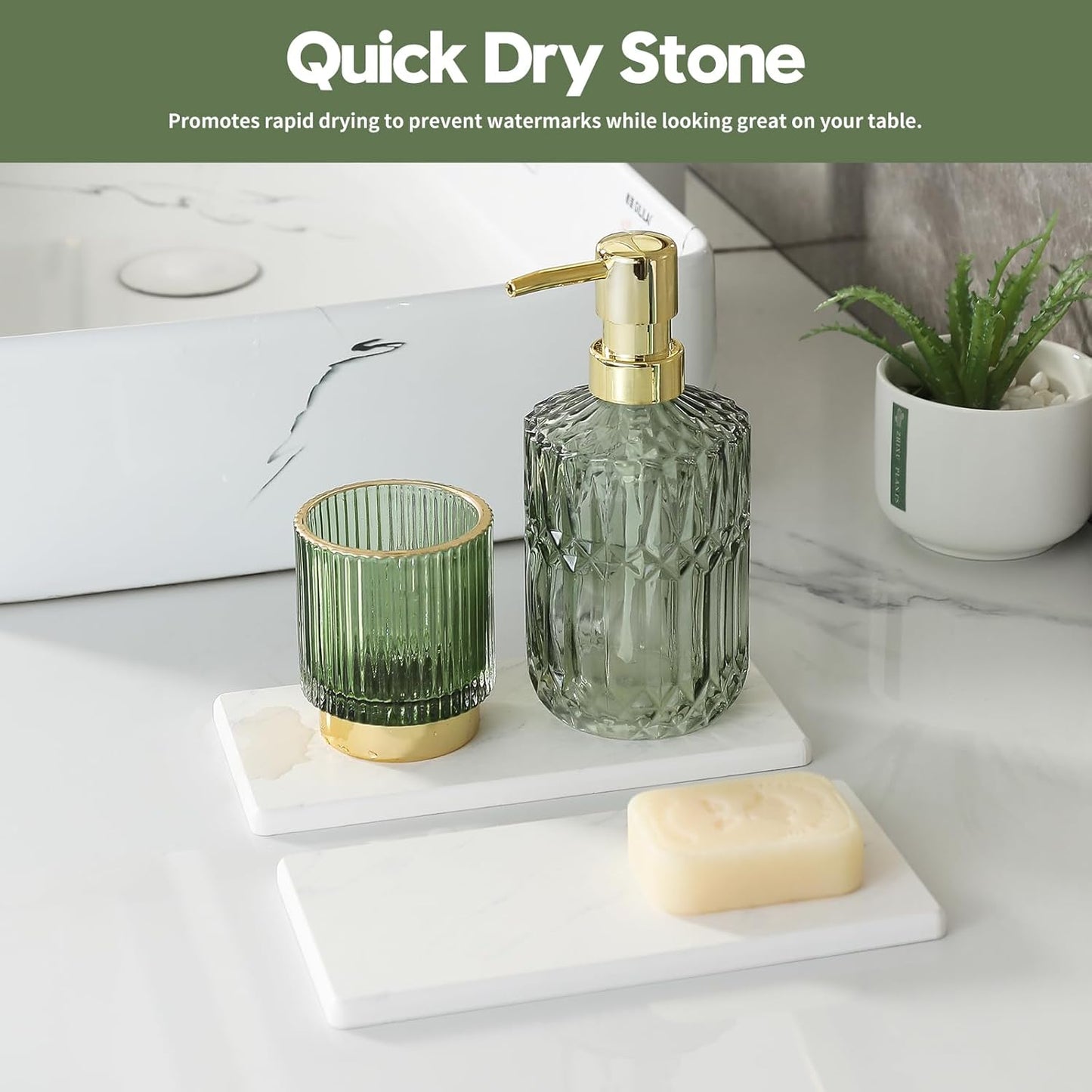 2PCS Diatomite Marble Stone Drying Mat for Kitchen Counter, Water Absorbing Soap Tray Stone Faucet Mat for Bathroom, Quick Dry Splash Guard Sink Protector, Vanity Dish Dispenser Sponge Holder, 8"x3.8"