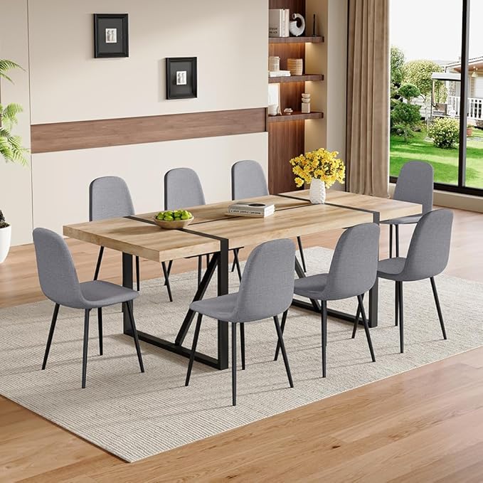 86.6" Dining Table Set for 8, Modern 9 Piece Wood Kitchen Table and Chairs Set, Rectangle Dining Room Table with 8 PU Leather Upholstered Chairs, Ideal for Home, Kitchen, or Apartment Dining