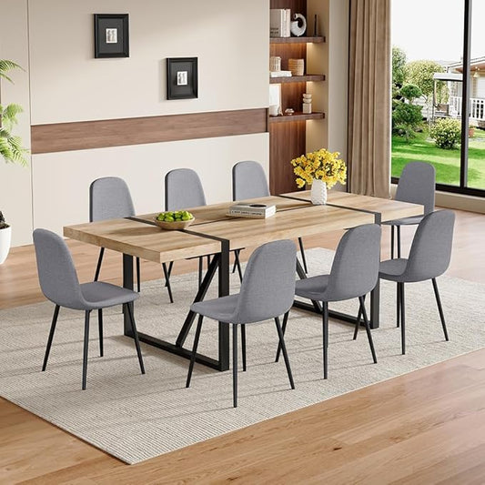 86.6" Dining Table Set for 8, Modern 9 Piece Wood Kitchen Table and Chairs Set, Rectangle Dining Room Table with 8 PU Leather Upholstered Chairs, Ideal for Home, Kitchen, or Apartment Dining