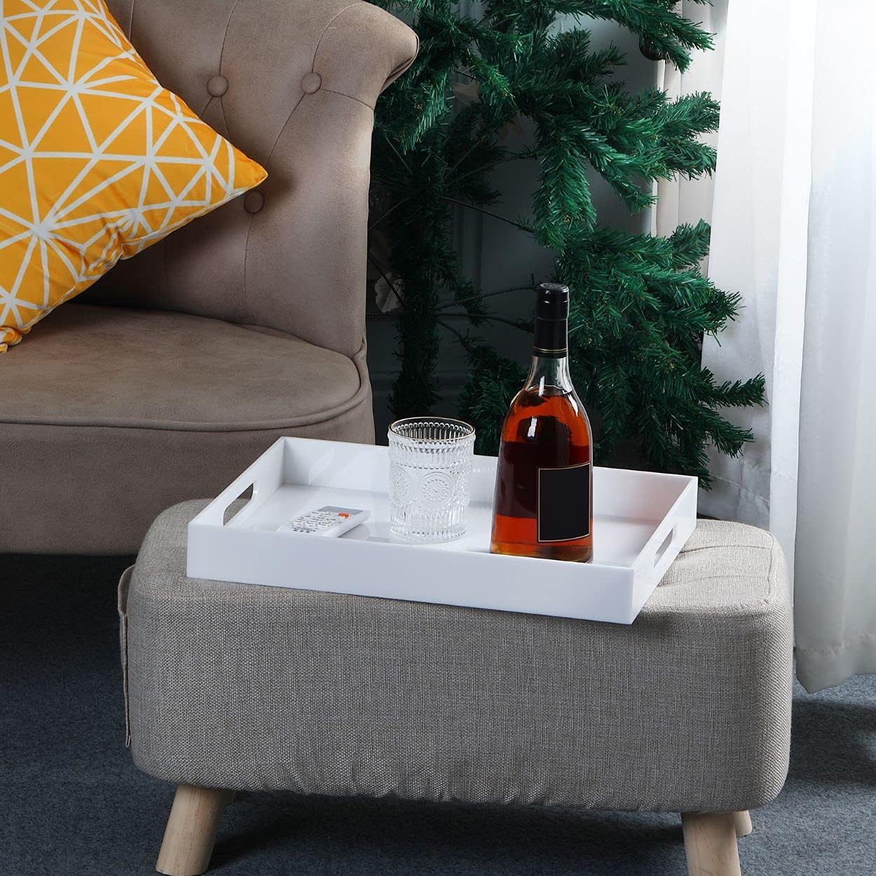 Modern Acrylic Ottoman Tray with Cutout Handles. Acrylic Serving, Organizer Decorative Tray. for Living Room, Bedroom,Bathroom and Kitchen Tabletop (White, 11x14 Inch)