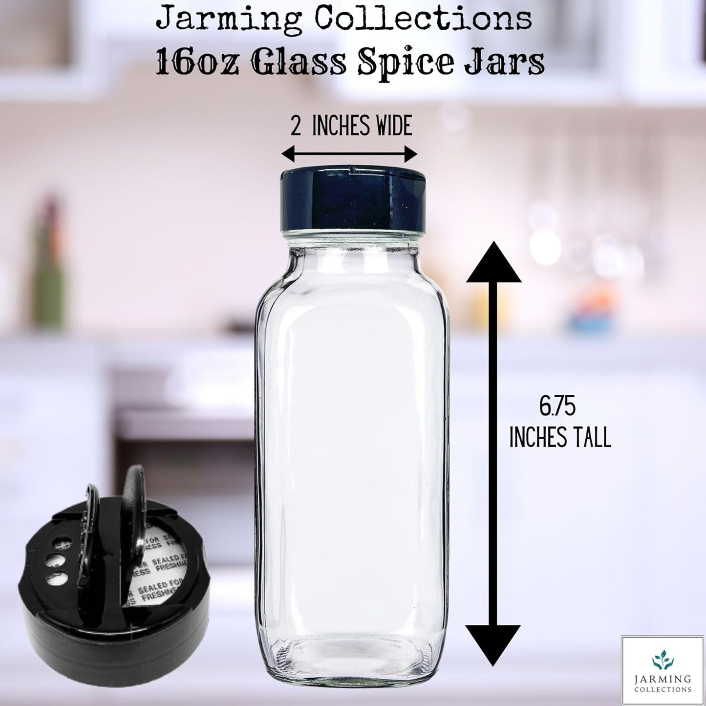 JARMING COLLECTIONS Glass Spice Jars with Shaker Lids - Spice Jars 16 oz for Food Storage, Spice Containers for Kitchen Organization and Storage, Bottles for Spices (Black - 16 Ounce 3 pack)