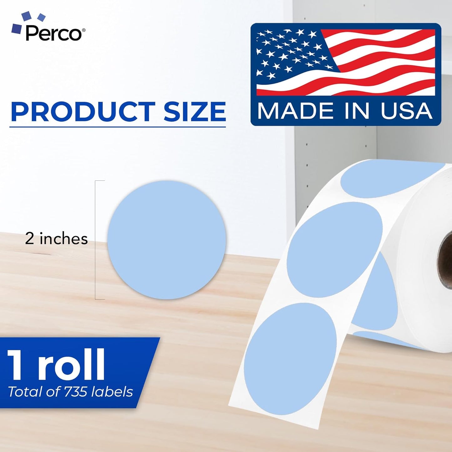 Perco Blue 2-Inch Perforated Circle Dot Thermal Sticker Labels — 735 Stickers/Roll, Direct Thermal Printer Compatible—with Permanent Adhesive for Organizing, Color Coding, Bin Labeling—Made in USA