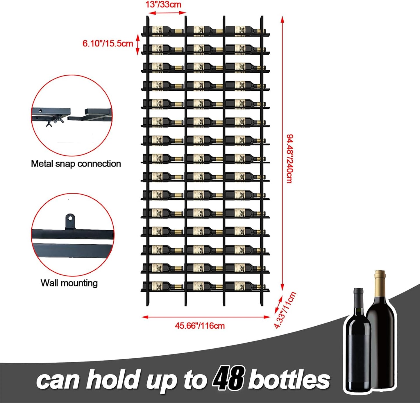 Wine Rack Freestanding Floor, 16 Tier 48 Bottle Capacity Display Holder, Industrial Wine Bottle Storage Shelves, for Any Bar, Wine Cellar, Kitchen, Dining Room (Brown, 3 Column)
