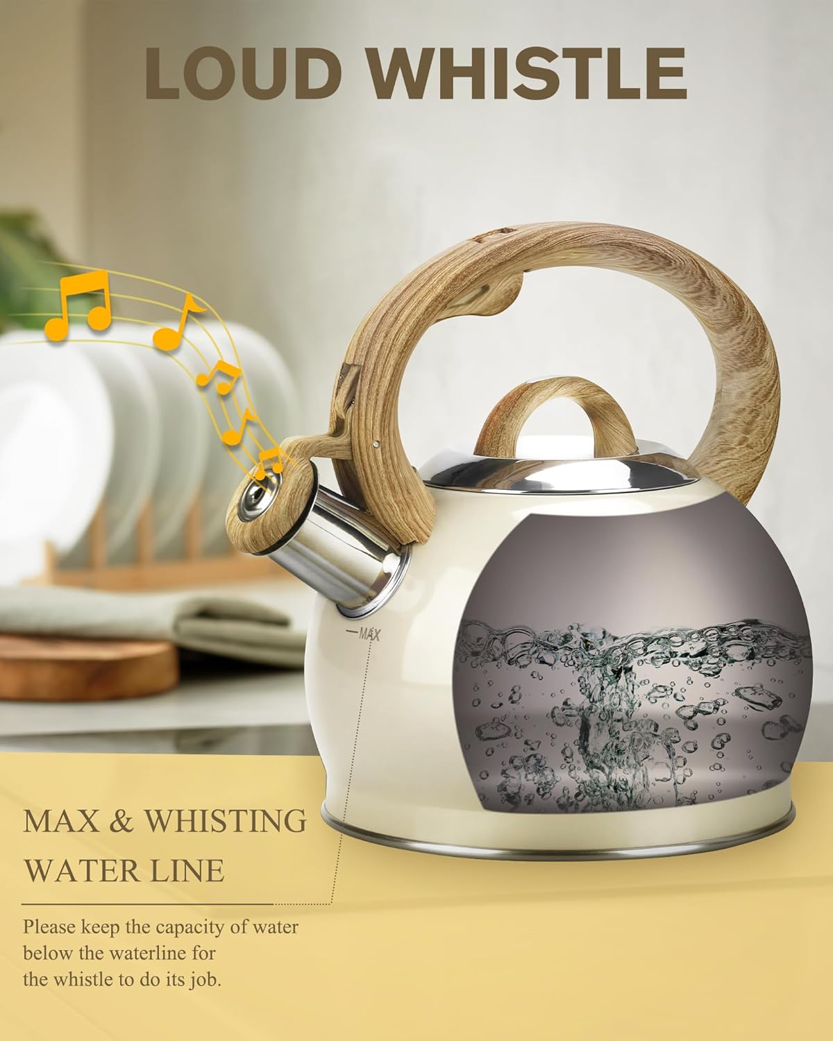 Teapot for Stovetop, 2.1 Quart Stove Top Whistling Tea Kettle, Teapot Kettles with Food Grade Stainless Steel and Wood Pattern Folding Handle, Suitable for All Heat Sources