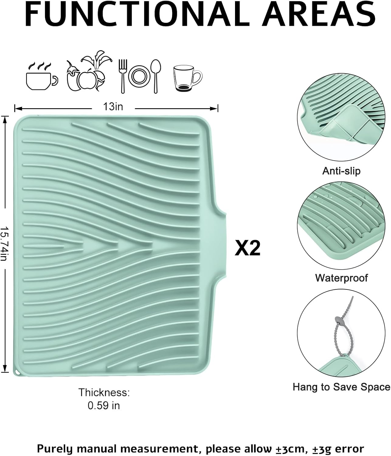 Dish Drying Mat, Stone Drying Mat for Kitchen Counter with Built-in Drain, Non-Slip Drying Matt Kitchen Counter, Heat Resistant Silicone Drying Mat, Dish Drying Pad, 2 Pcs(15.8"X 13", Mint)