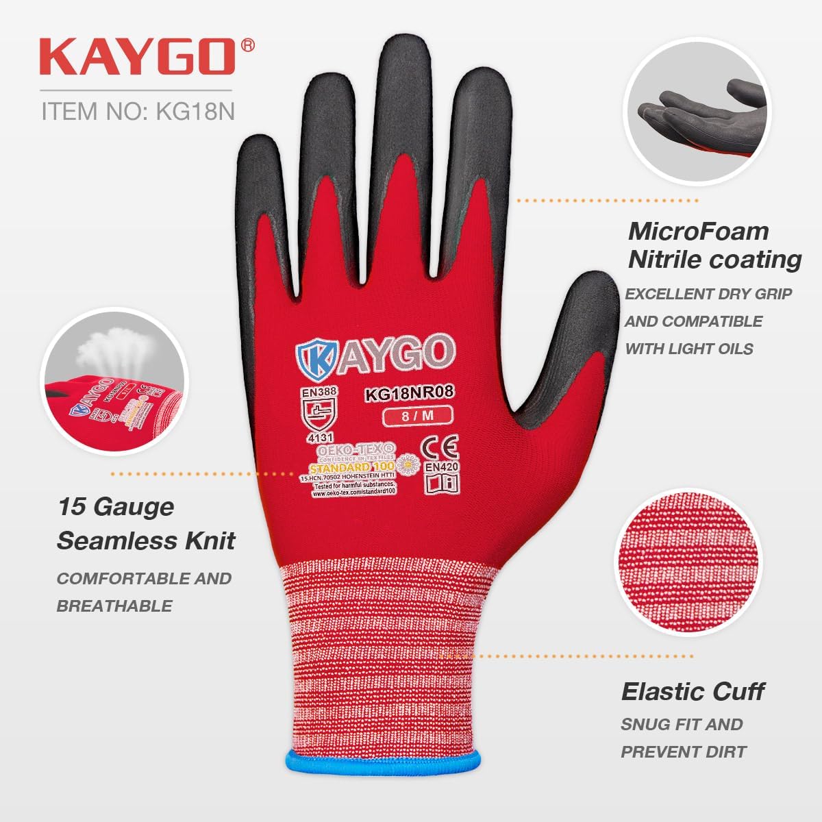 KAYGO Safety Work Gloves MicroFoam Nitrile Coated-3 Pairs, KG18NB,Seamless Knit Nylon Glove with Black Micro-Foam Nitrile Grip,Ideal for General Purpose,Automotive,Home Improvement,Red X-large