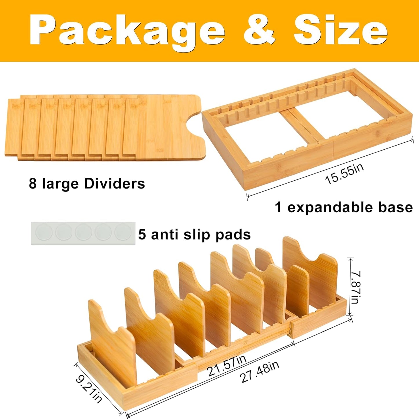 MinBoo Bamboo Expandable Pot Lid Organizer Pot Lid Holder, Pot and Pan Organizer Drawer Organizer for Pot Lids, Adjustable Dividers for Kitchen Cabinet Organizers and Storage,Large