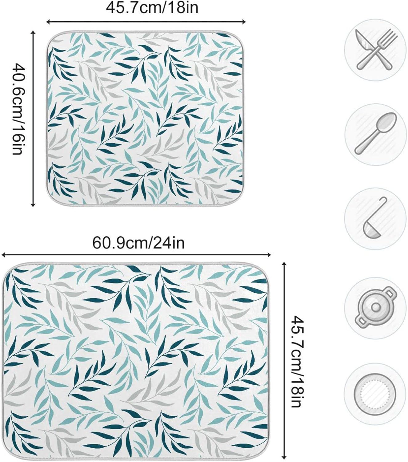 Blue Grey Olive Leaves Dish Drying Mat for Kitchen Counter Absorbent Microfiber Drying Pad, Medium 16x18 in, Reversible Drainer Mats