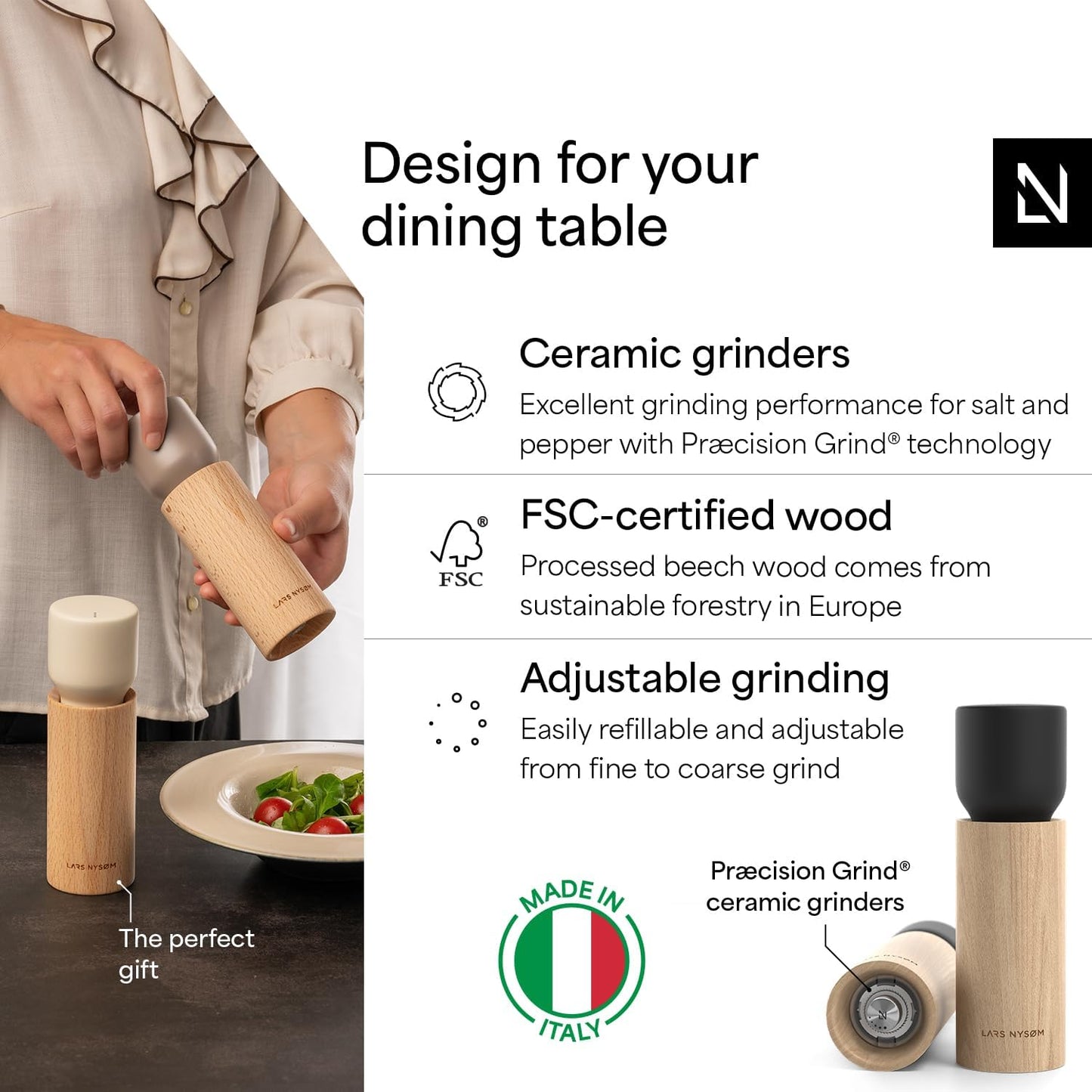 LARS NYSØM Wooden Salt and Pepper Grinder Set Manual with Tray - Salt and Pepper Mills with Adjustable Ceramic Grinder - Elegant Beechwood Pepper and Salt Mill Set for Dining Table (Carbon Black)