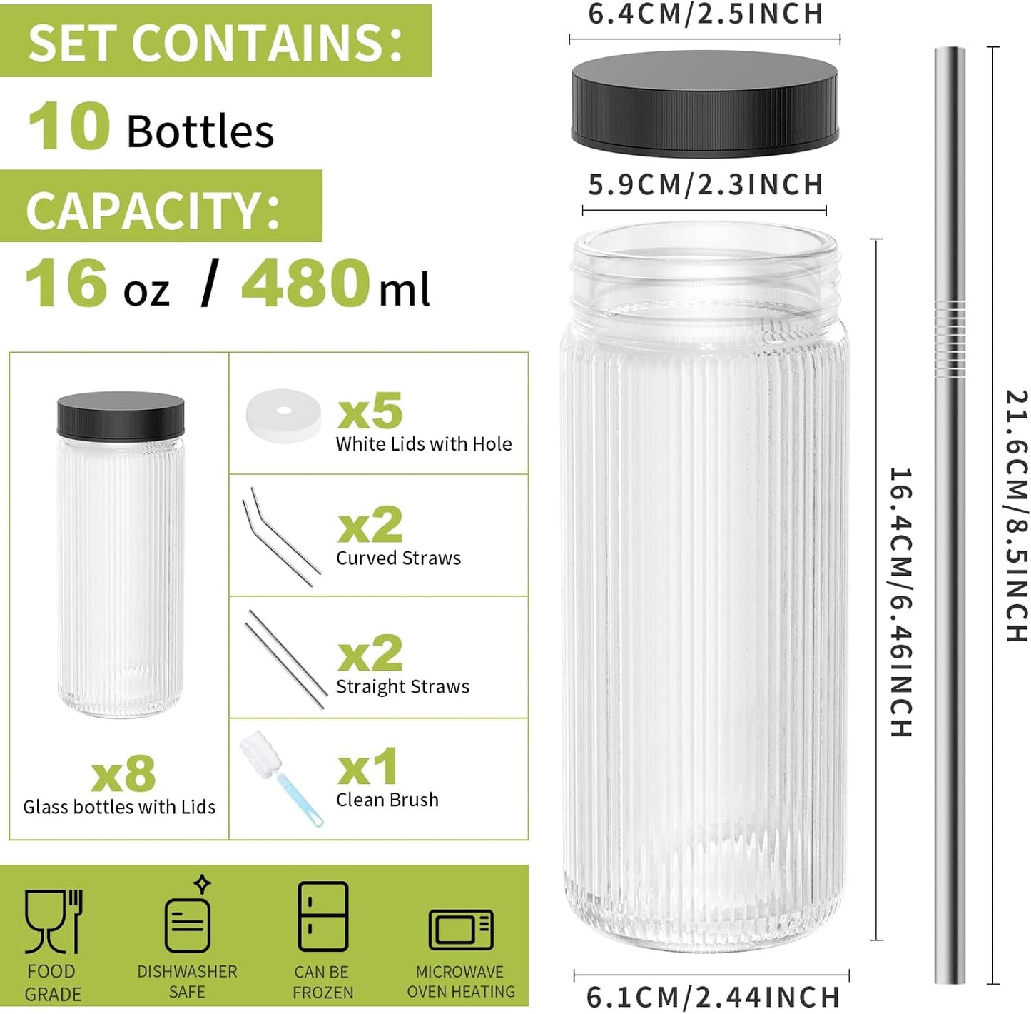 Ruckae 16oz 10 Pack Juice Bottles, Stripe Glass Bottles Juicing with Lids, Smoothie Cup Lids and Straws, Water Bottle Mason Jar Drinking Glasses for Juicing, Smoothies, Kombucha