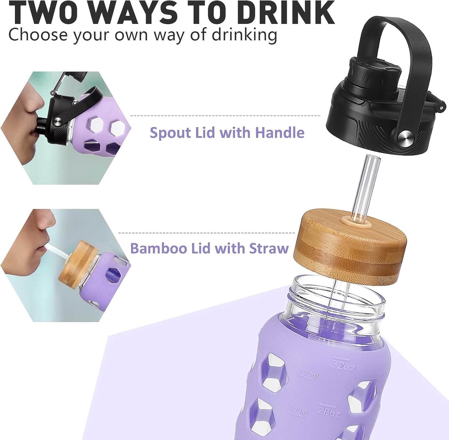 MUKOKO Glass Water Bottles, 24oz Glass Tumbler with Straw, Drinking Bottles with 2 Lids-Handle Spout Lid&Bamboo Straw Lid, Motivational Water Bottle with Time Marker and Silicone Sleeve, 1 Pack-Purple
