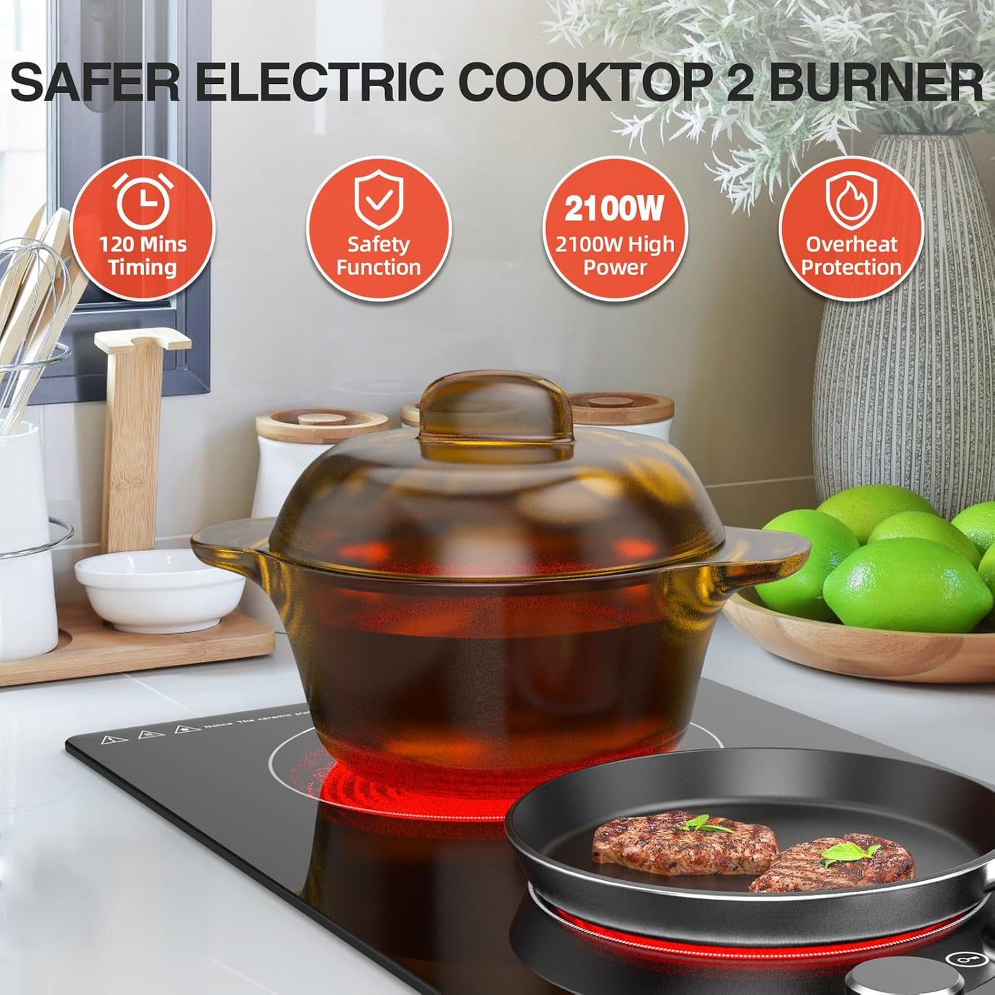 110v Electric Cooktop 2 Burners, 12'' Electric Stove Top with Plug in, GTKZW Knob Control Countertop & Built-in Ceramic Cooktop, 9 Power Levels, Child Lock, Timer, Over-Heat Protection