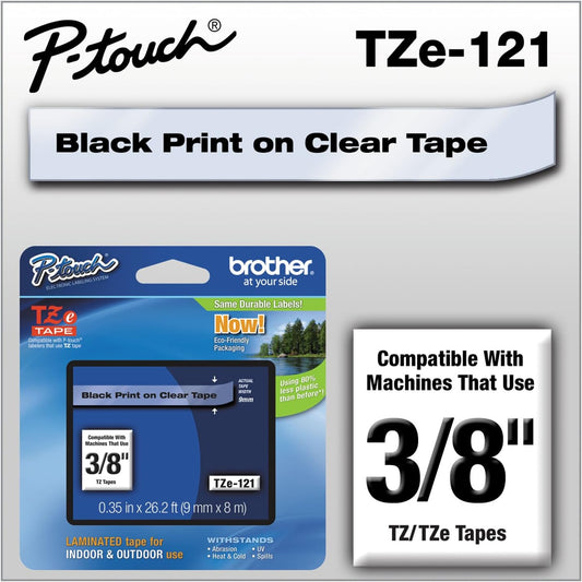 Brother Genuine P-Touch TZE-121 Tape, 9 mm (0.35") Standard Laminated P-Touch Tape, Black on Clear, Laminated for Indoor or Outdoor Use, Water-Resistant, 26.2 ft (8 m), Single-Pack