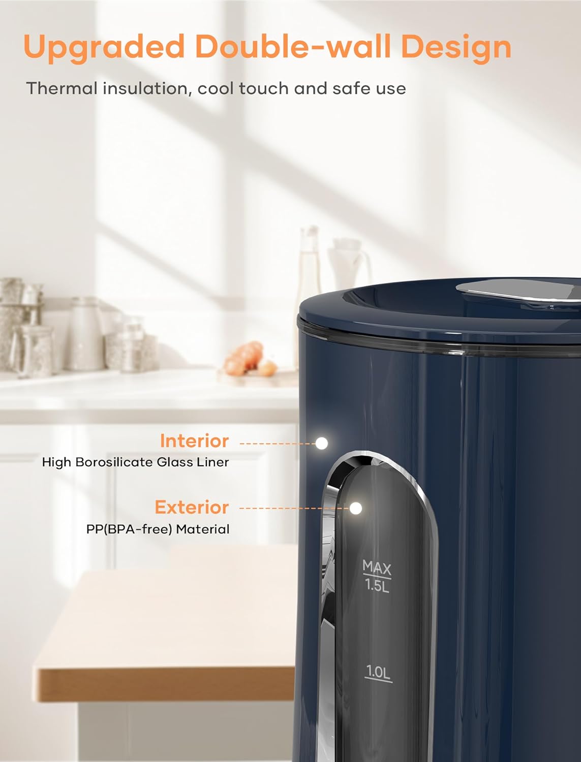 Offacy Electric Kettle, Tea Kettle Pot, Double Wall Glass Inner 1.5L/1200W, Hot Water Kettle Teapot Boiler & Heater with Automatic Shut Off, BPA-Free & LED Indicator Lights (Navy Blue)