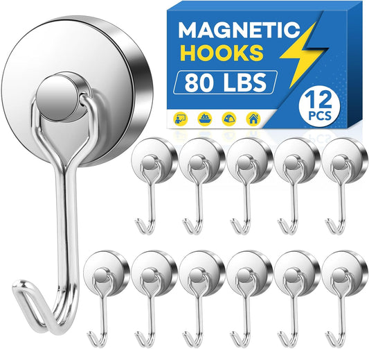 LOVIMAG Hooks, 80lbs+ Magnetic Magnet Hook 2025 Cruise Cabin Ship Essentials Heavy Duty Strong Refrigerator Fridge Hanging for Classroom Beach Vacation Kitchen Grills Home Mug Hanger (12 Pack), Silver