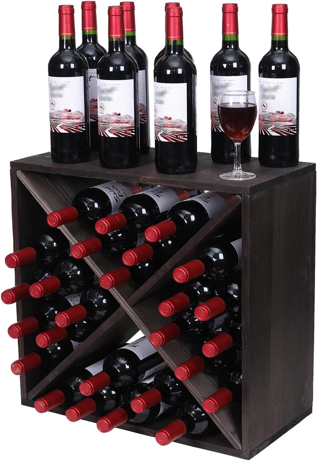 Wine Rack Cabinet countertop Wooden Stackable Storage Retro Cube 24 Bottles freestanding Floor Wine Holder Stand (Black)