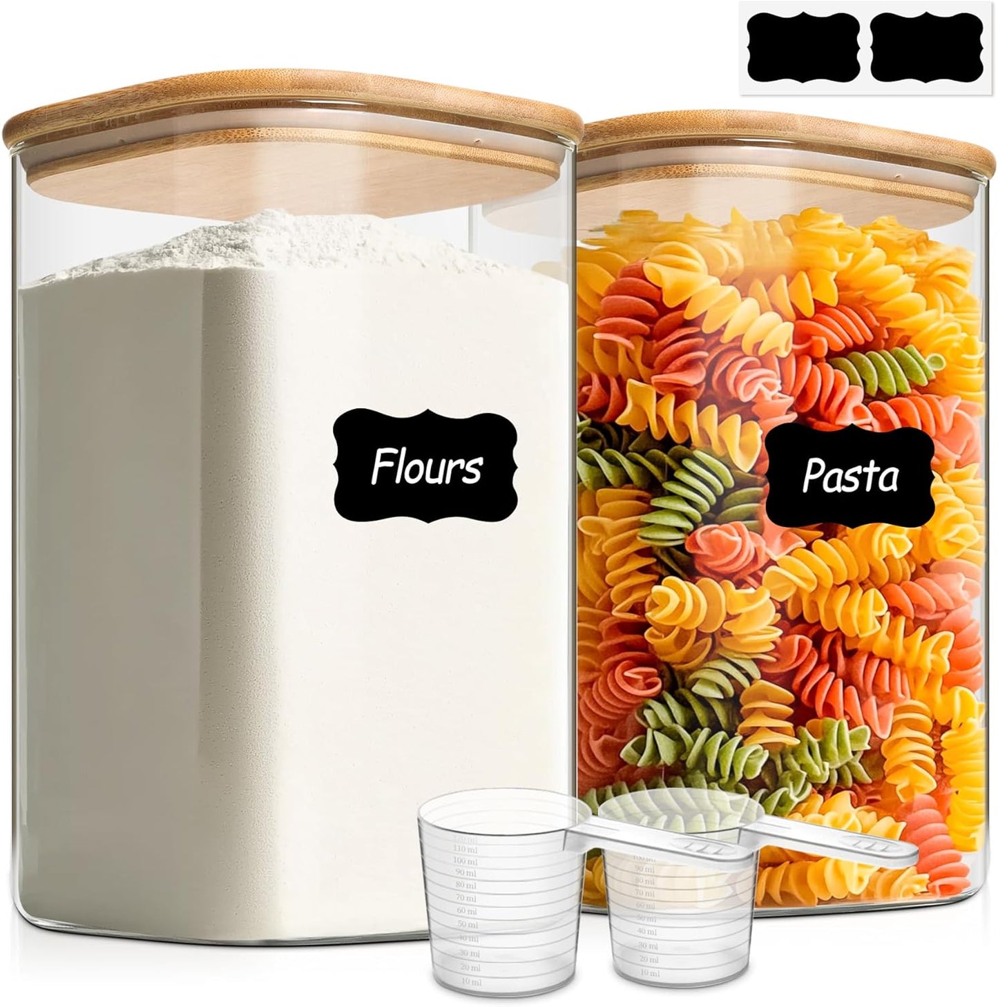ComSaf 115 oz Glass Food Storage Containers Set of 2, Large Storage Containers with Lids, Square Glass Jars with Lids, for Flour and Sugar, Cereal, Rice, Pasta, Oats, Coffee Beans