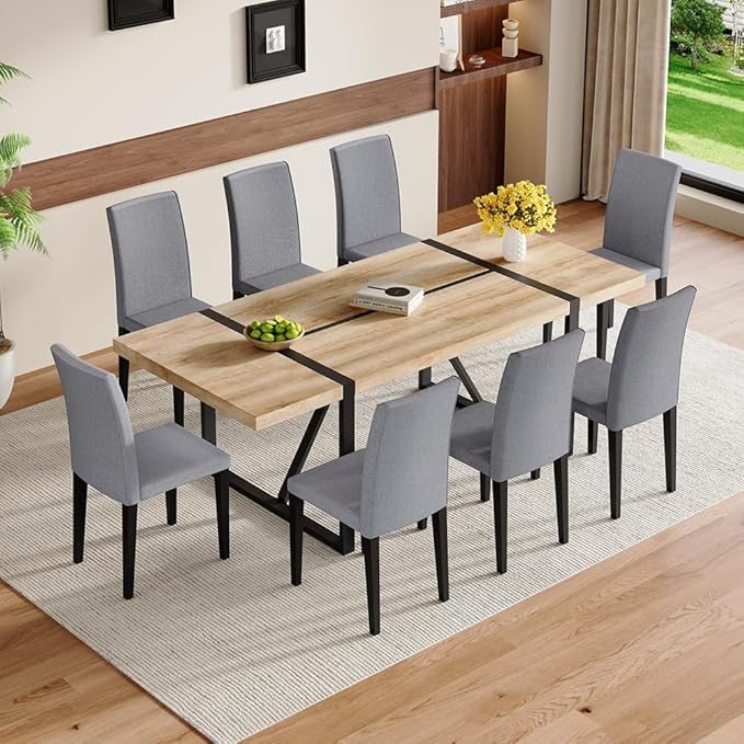 86.6" Dining Table Set for 8, Modern 9 Piece Wood Kitchen Table and Chairs Set, Rectangle Dining Room Table with 8 Linen Fabric Upholstered Chairs, Ideal for Home, Kitchen, or Apartment Dining