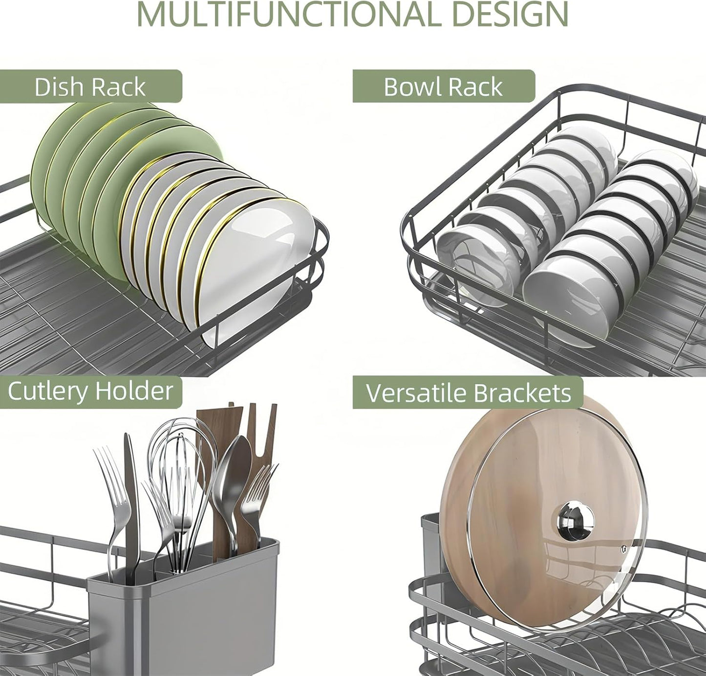 Dish Drying Rack Stainless Steel Drying Racks for Kitchen Counter Large Capacity Storage Racks with Drainboard Curlery Holder Gray