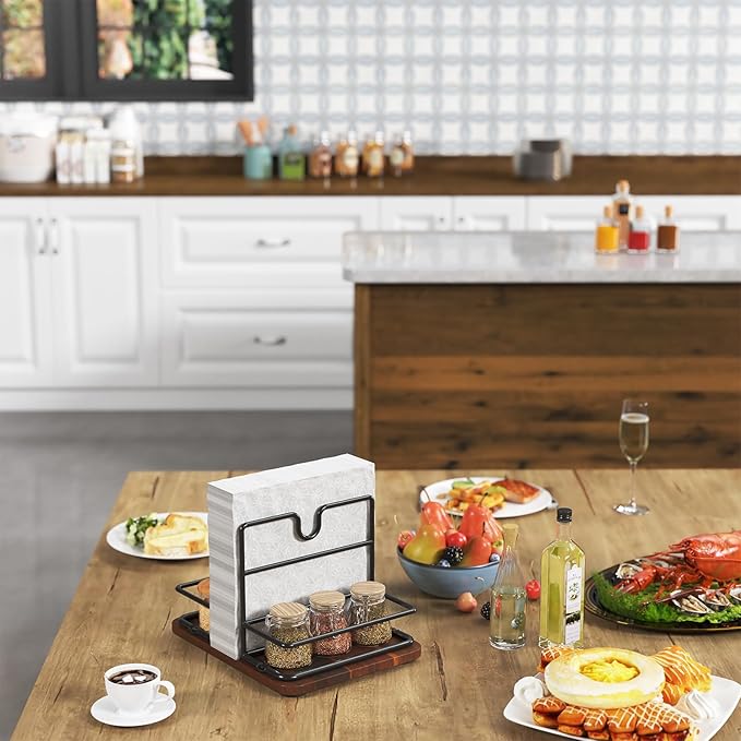 Napkin Holder for Table, 2 IN 1 Napkin Holders That Can Hold Salt Jar and Pepper Jar, Napkin Dispenser, Modern Dining Table Decor, Metal Racks and Wooden Bases, Walnut