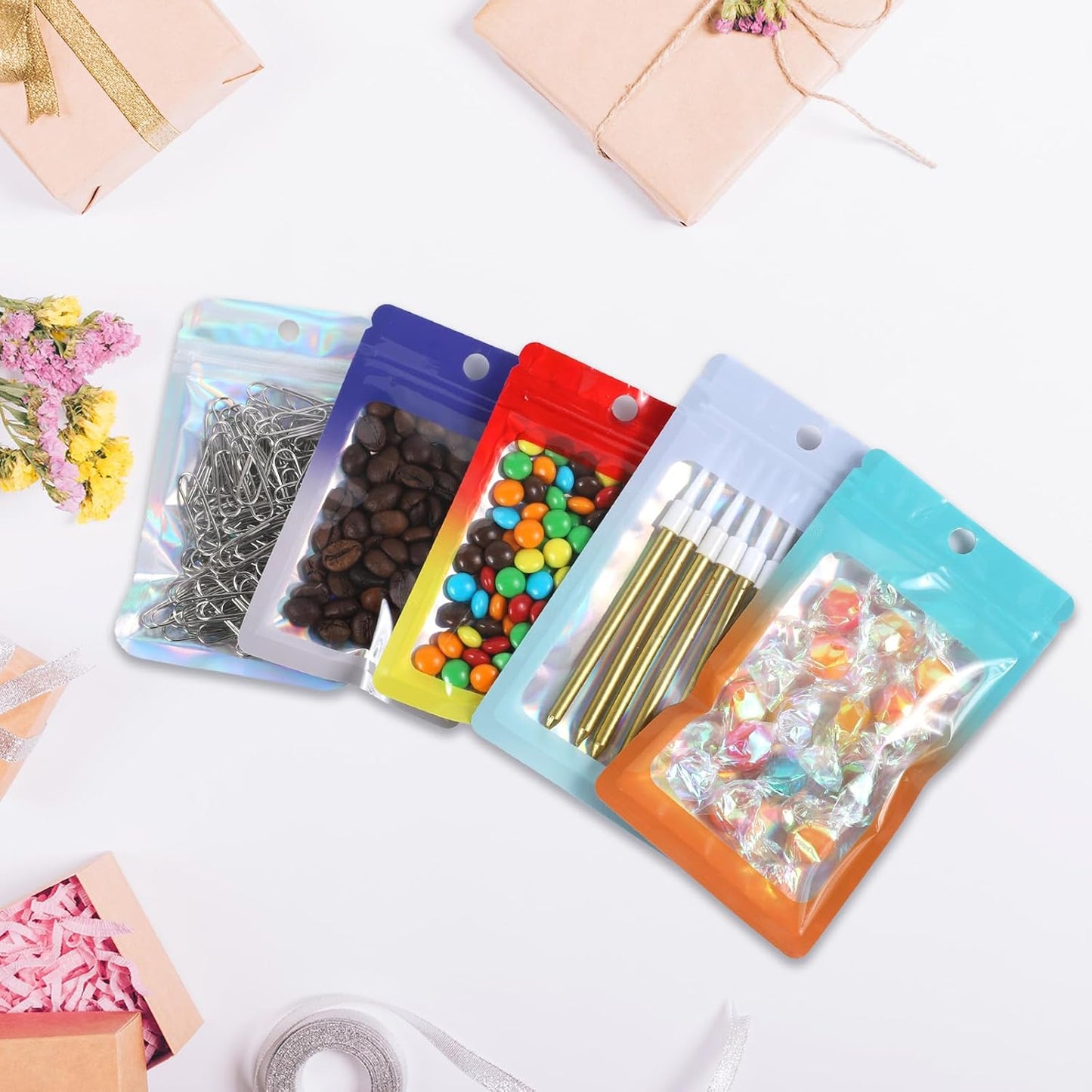 200 Pack Resealable Mylar Holographic Bags Food Storage Smell Proof Bags with Front Window Foil Packaging Pouch for Candy Sample Jewelry Small Business 2.95×4.72 Inch, Purple