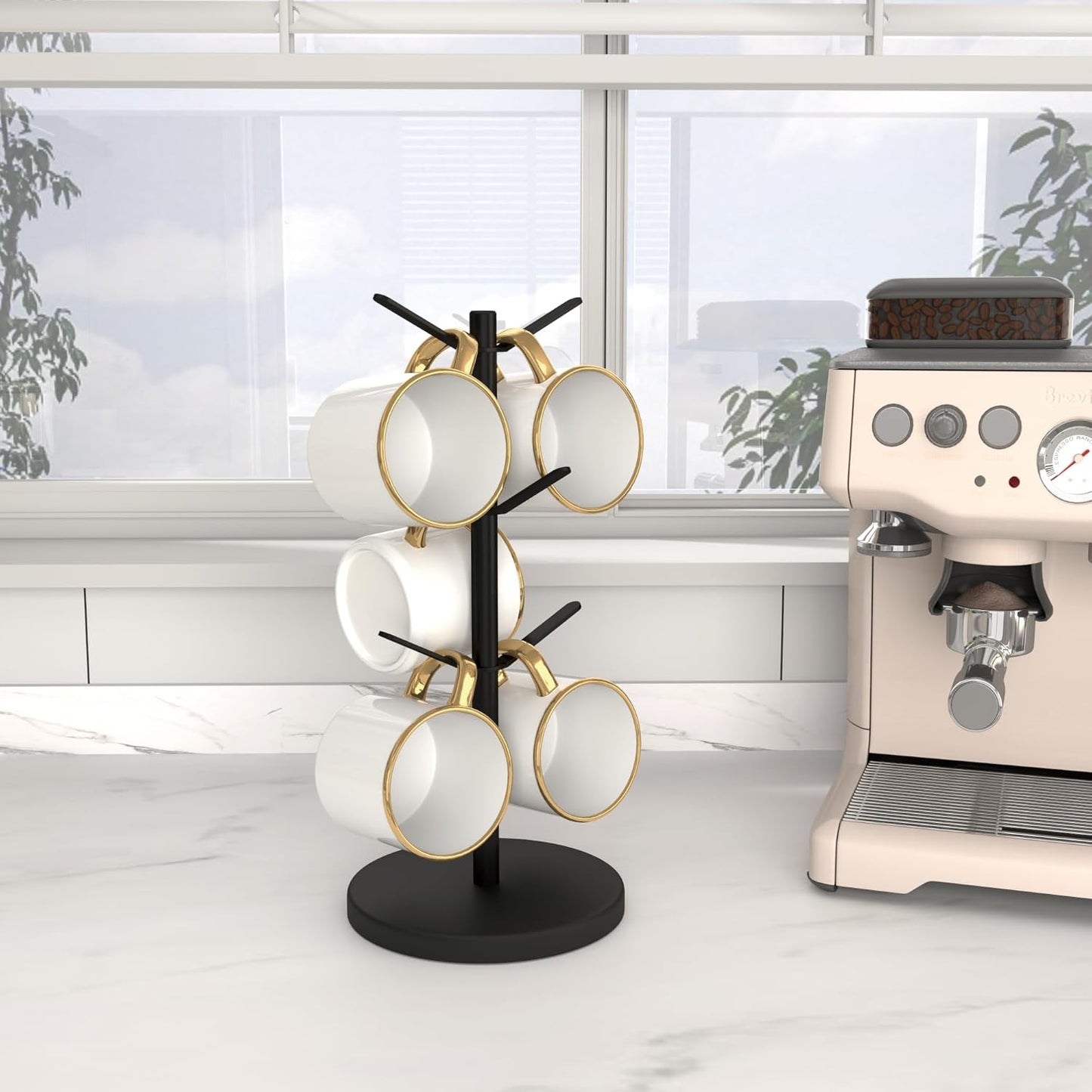 Coffee Mug Tree Holder Countertop, Non-Slip Walnut Wood Mug Rack with 6 Hooks, Coffee Cup Rack for Home Storage and Organizer (Black)