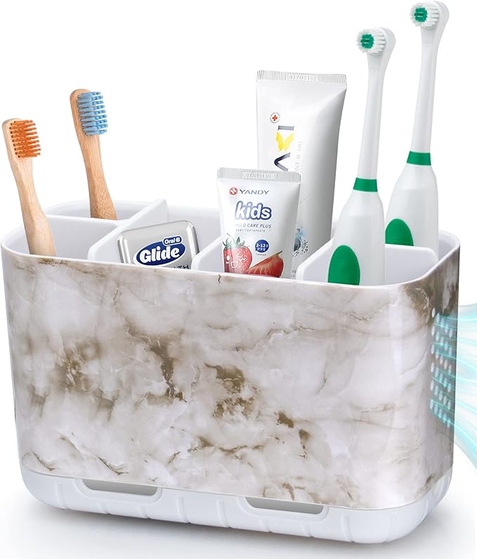 Boperzi Electric Toothbrush Holder for Bathroom Organizer Countertop, Detachable Anti-Slip Toothpaste Storage Caddy 6 Slots White Marble with Drainage Holes for Makeup Brush Razor Stand