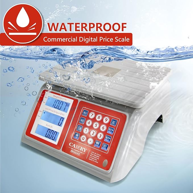 CAMRY Waterproof Commercial Food Scale IPX7 66lb / 30kg Digital Price Computing Meat Produce Weight Scale with White Backlight LCD for Farmers Market, Seafood, Rechargeable