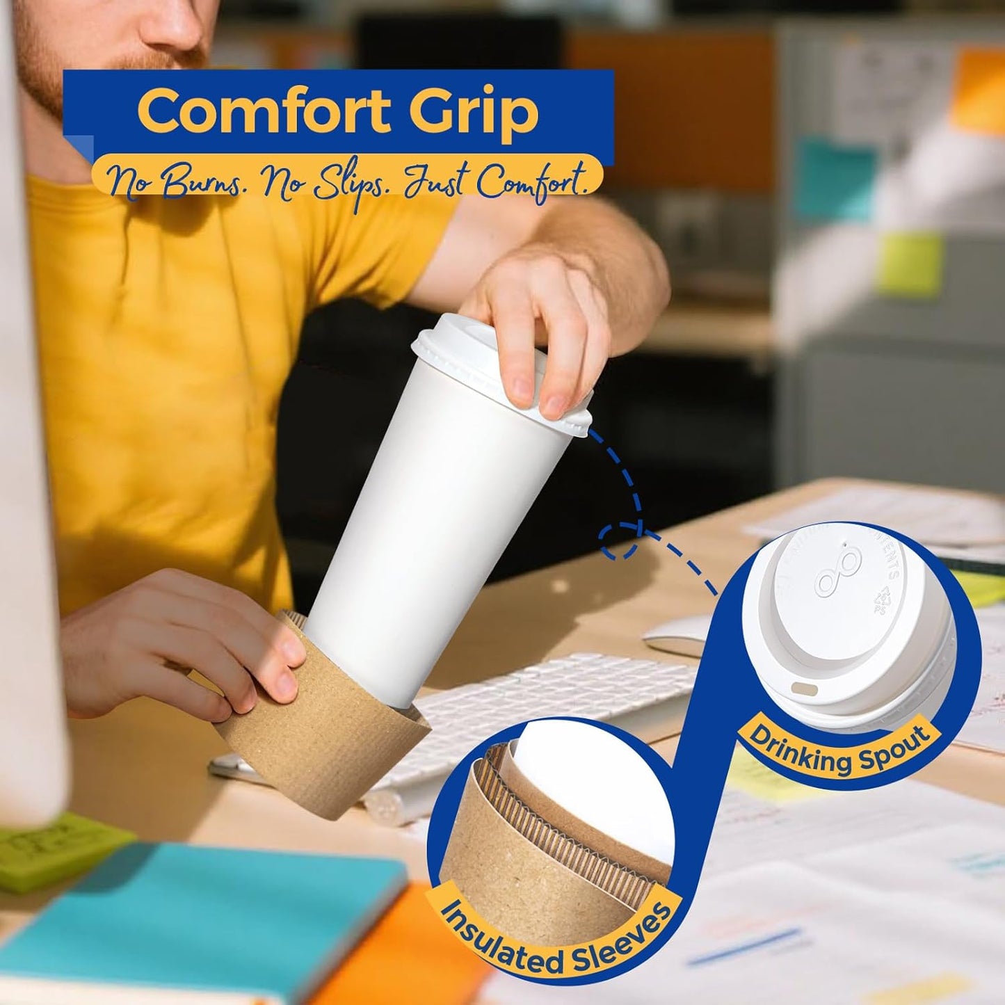 Fit Meal Prep 500 Pack 20 oz Disposable Coffee Cups with Lids, Sleeves, Leak-Proof To Go Coffee Cups with Lids, Durable Hot Paper Cups for Home, Office, Party, Business