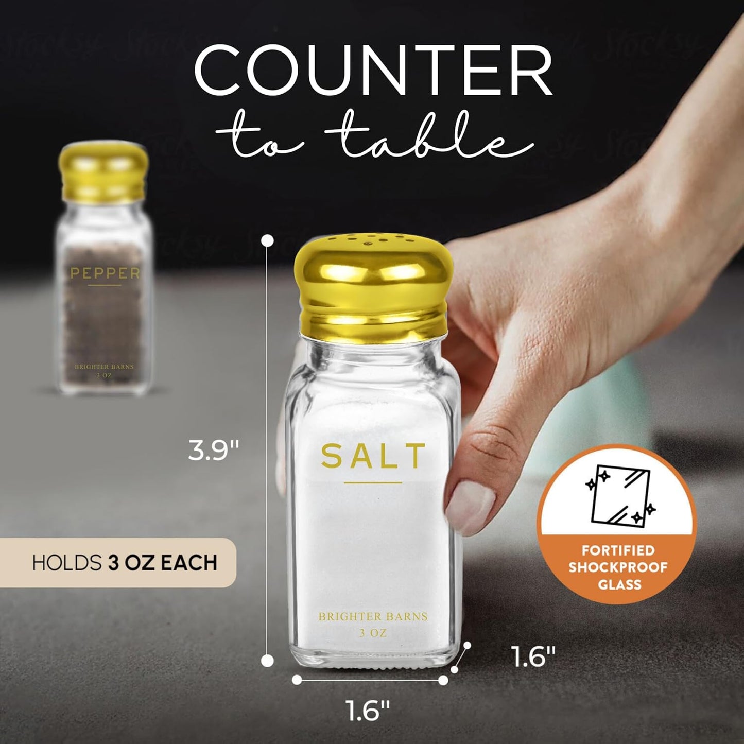 Gold Salt and Pepper Shakers Set by Brighter Barns - Gold Kitchen Decor & Accessories - Neutral Minimal Decor - Modern Glass Shakers with Stainless Steel Lids for Home, Restaurants