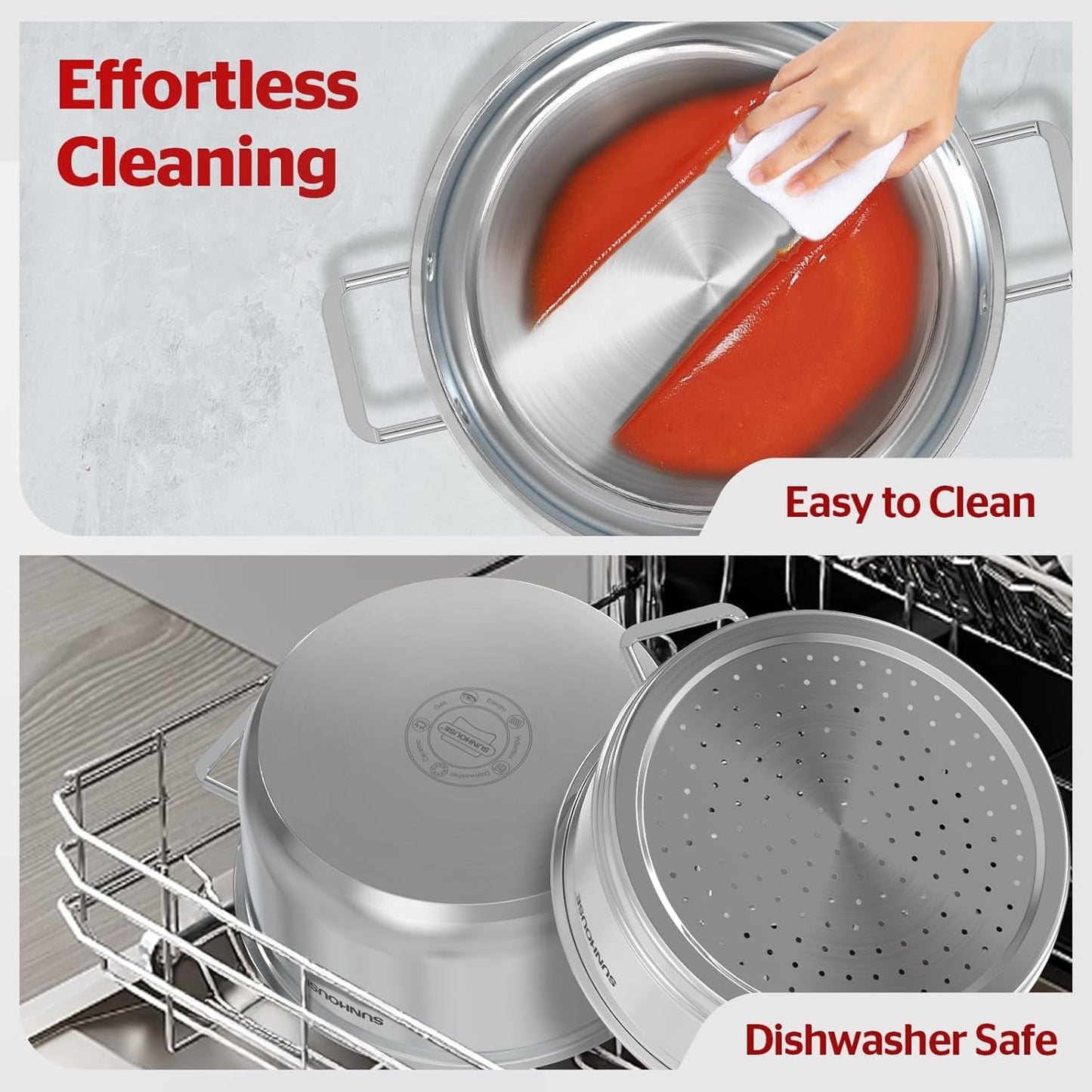 [New Version] Sunhouse 2-Tier Stainless Steel Steamer Pot with Lid - Larger 5.5 QT Steamer & 3.8 QT Stockpot Base - Induction Ready, Compatible with All Cooktops