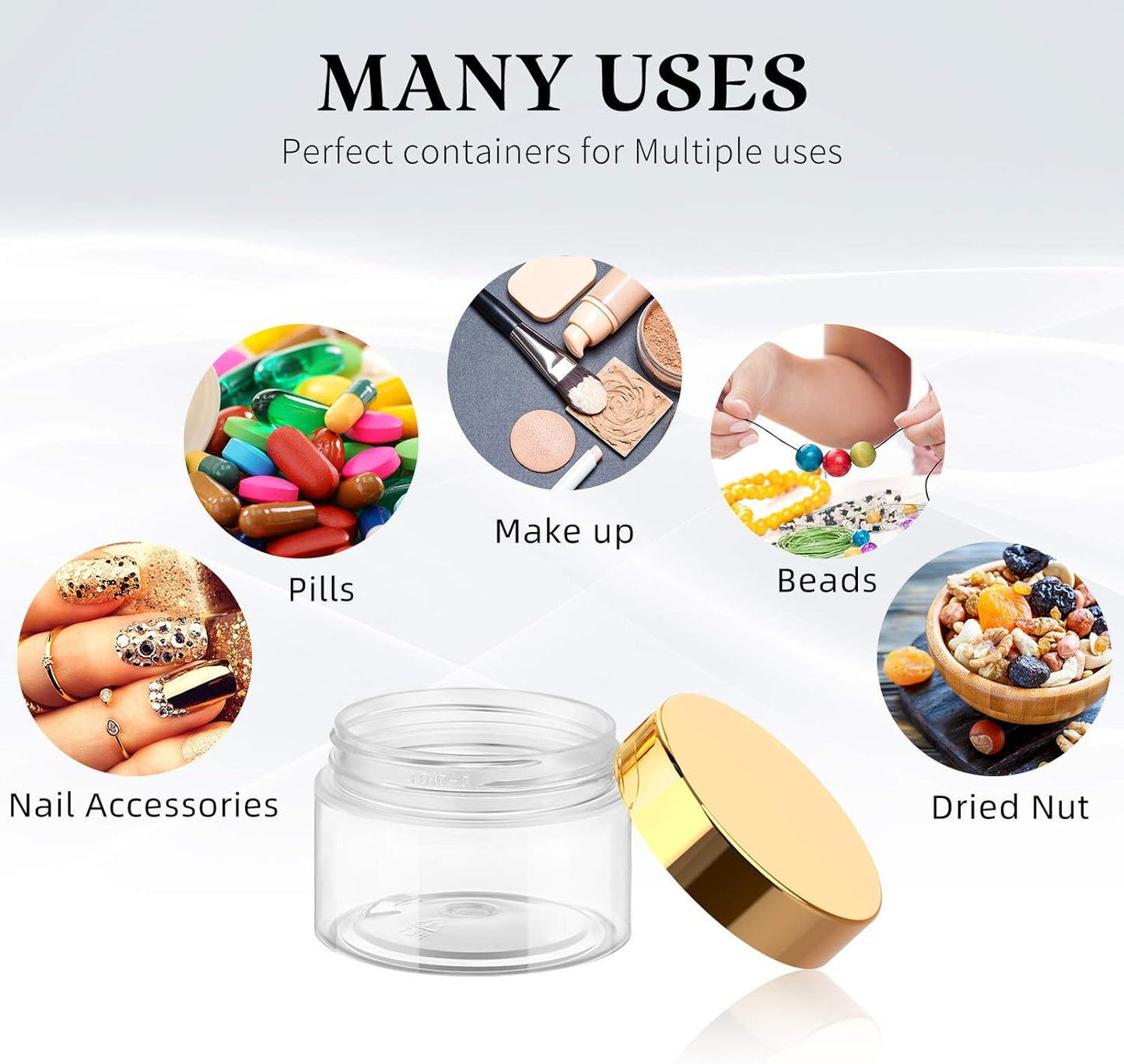 SATINIOR 6 Pack 1 oz Plastic Jars Containers with Lids Wide-mouth Refillable Leakproof Reusable Round Empty Jars for Travel Cosmetic Dry Food Spice Candy Cookie Home Kitchen Organizing(Gold)