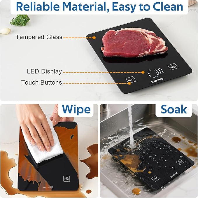 IP67 Waterproof Food Scale with Tempered Glass Surface, 22lb Kitchen Scale 1g Precision, USB Rechargeable, LED Display, Grams and Ounces, for Baking, Cooking, Making Sourdough Bread. Black