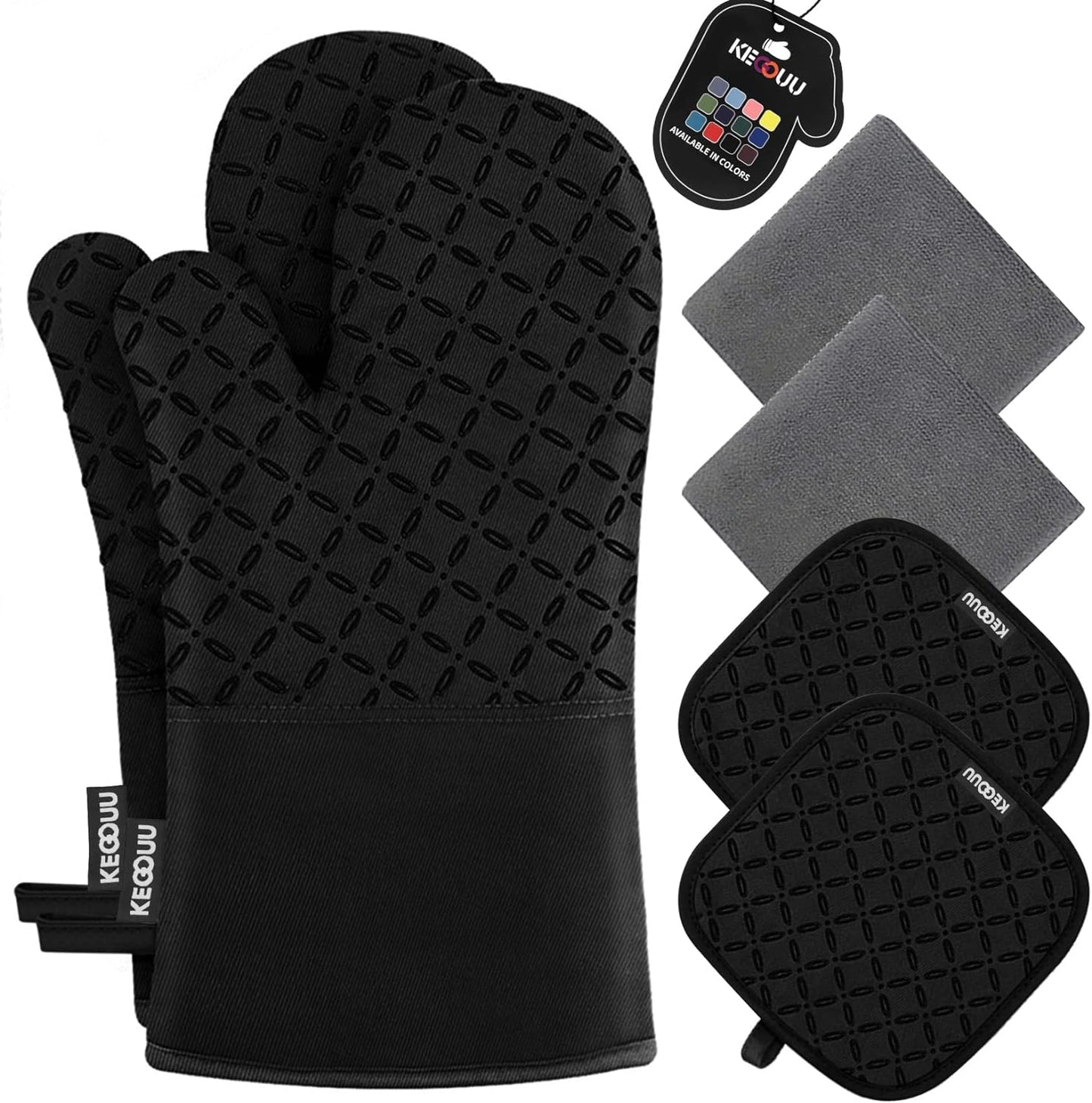 KEGOUU Oven Mitts and Pot Holders 6pcs Set, Kitchen Oven Glove High Heat Resistant 500 Degree Extra Long Oven Mitts and Potholder with Non-Slip Silicone Surface for Cooking (Black)
